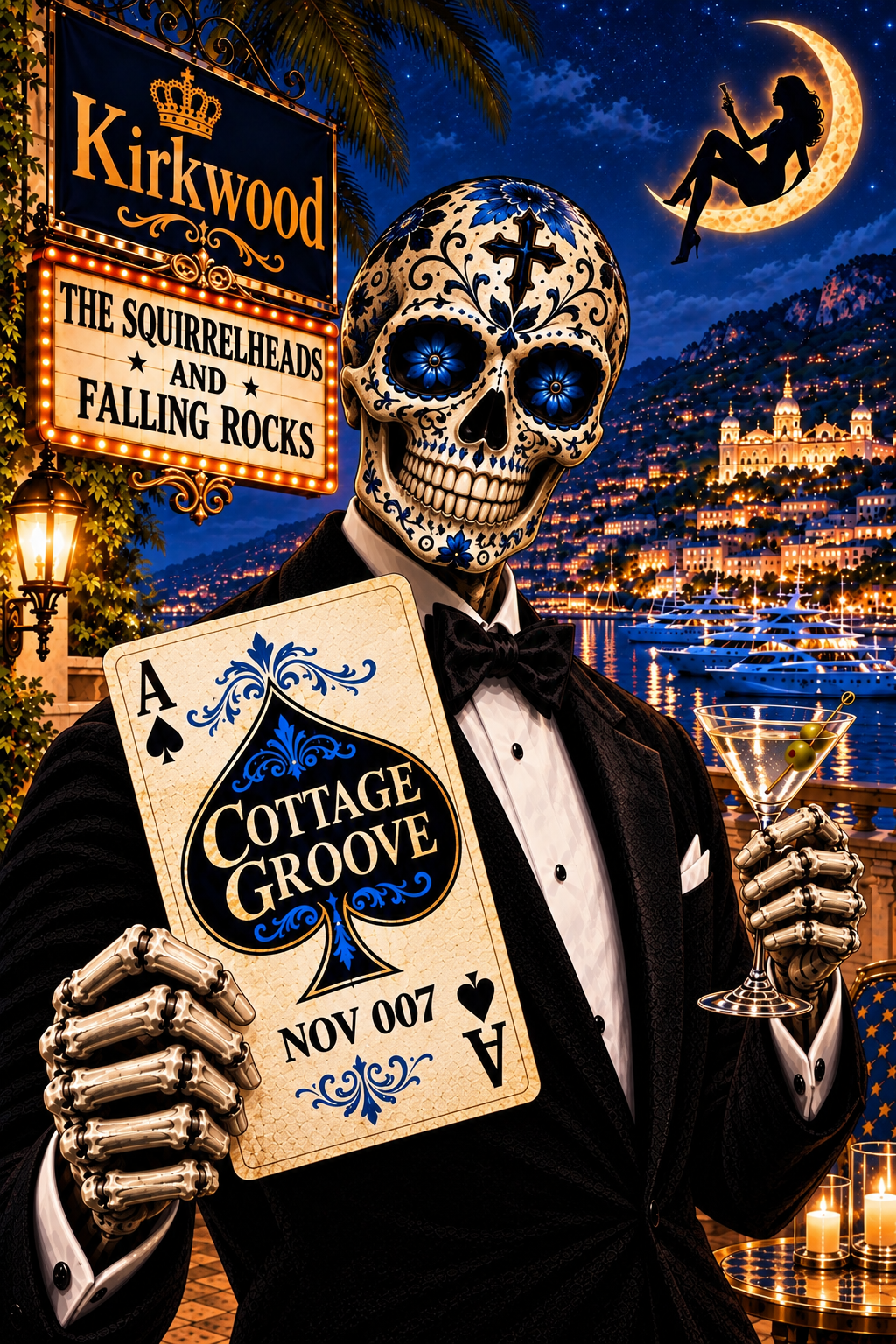 Sugar-skull secret agent in a tuxedo holding the Cottage Groove ace of spades over a moonlit casino marina