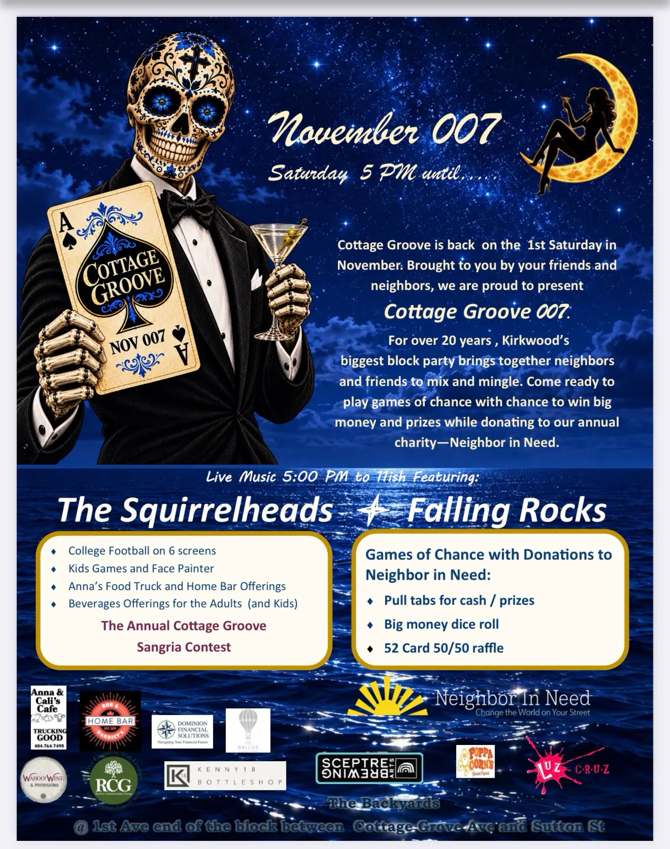 Cottage Groove 007 event flyer: live music 5 PM to 11ish, college football on six screens, kids games and face painting, Anna's Food Truck, the sangria contest, and games of chance benefiting Neighbor in Need